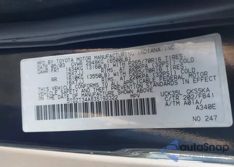 2003 Toyota Sequoia Sr5 V8 z USA, uszkodzony, nr VIN 5TDZT34A83S192322